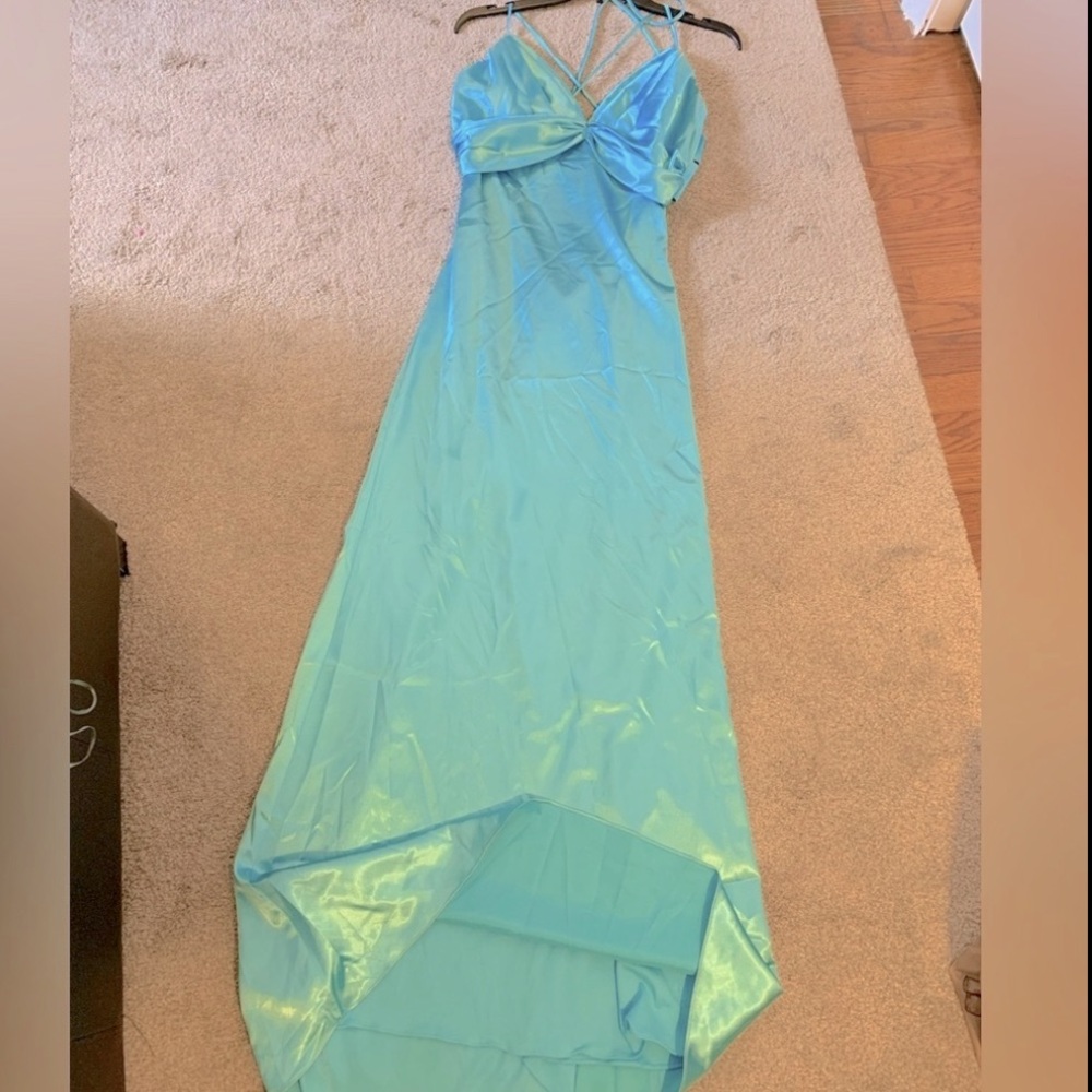 Stunning ASPEED blue satin like evening gown with gorgeous cut out back!!